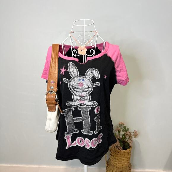 Vintage y2k happy bunny sparkly pink & black graphic ‘hi loser’ top - Picture 2 of 8